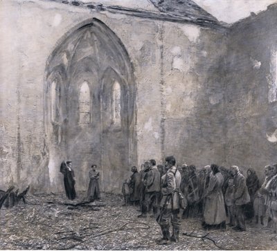Prussia orientale dopo i "giorni del terrore" russi. Il primo servizio nella chiesa devastata di Luck, illustrazione da Hindenburg pubblicata da Daterlandischer Derlag C U Weller Berlino, 1922 da Max Rabes